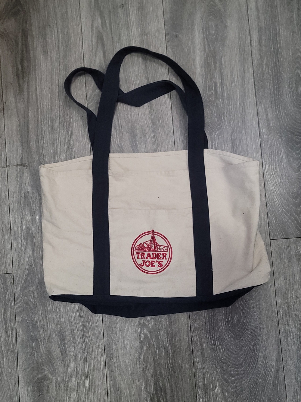 Trader Joe's White & Navy Blue Canvas Grocery Tote Bag